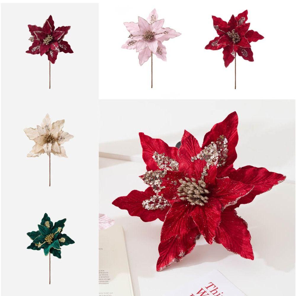 Flannel Fabric Christmas Artificial Flowers Plastic 28cm Xmas Decorative Flowers Glitter DIY Glitter Fake Flower