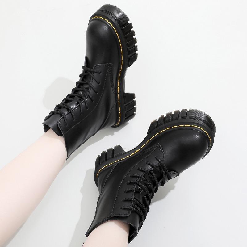 Thickened bottom hole Martin boots women's tire bottom locomotive leather short boots muffin bottom lace-up short boots