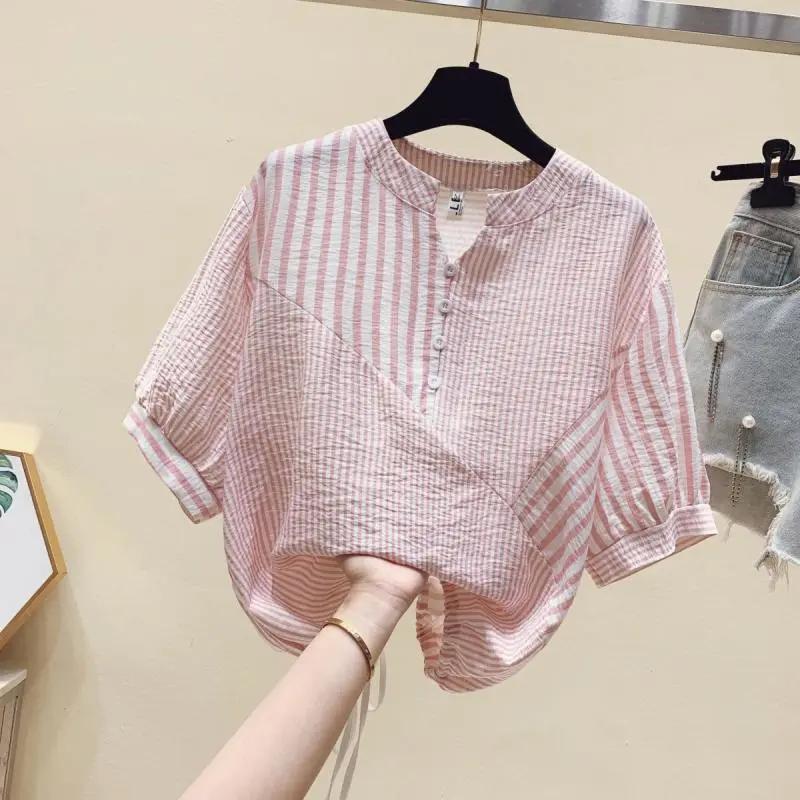 Dam sommar oregelbunden randig kortärmad skjorta design skarvning personlig bekväm topp