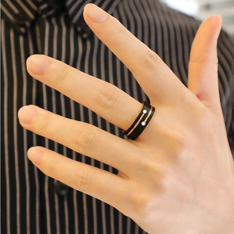 2024 Men's Trendy Black Gold Zircon Titanium Steel Ring for Index Finger