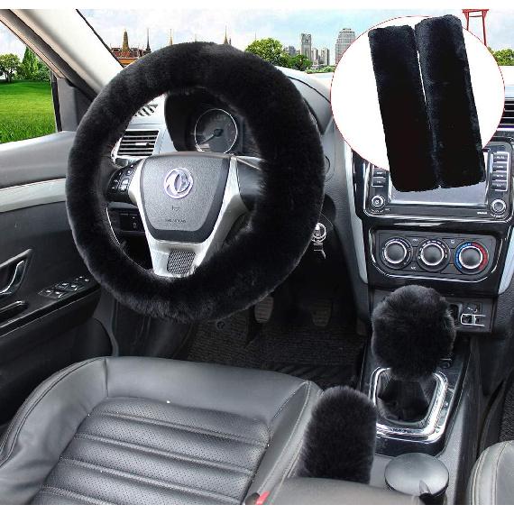 Pinbola 5Pcs In 1 Set Faux Wool Steering Wheel Cover Soft Fluffy Handbrake Cover & Gear Shift Cover & 2Pcs Seat Belt Shoulder Pads Warm Universal Fit