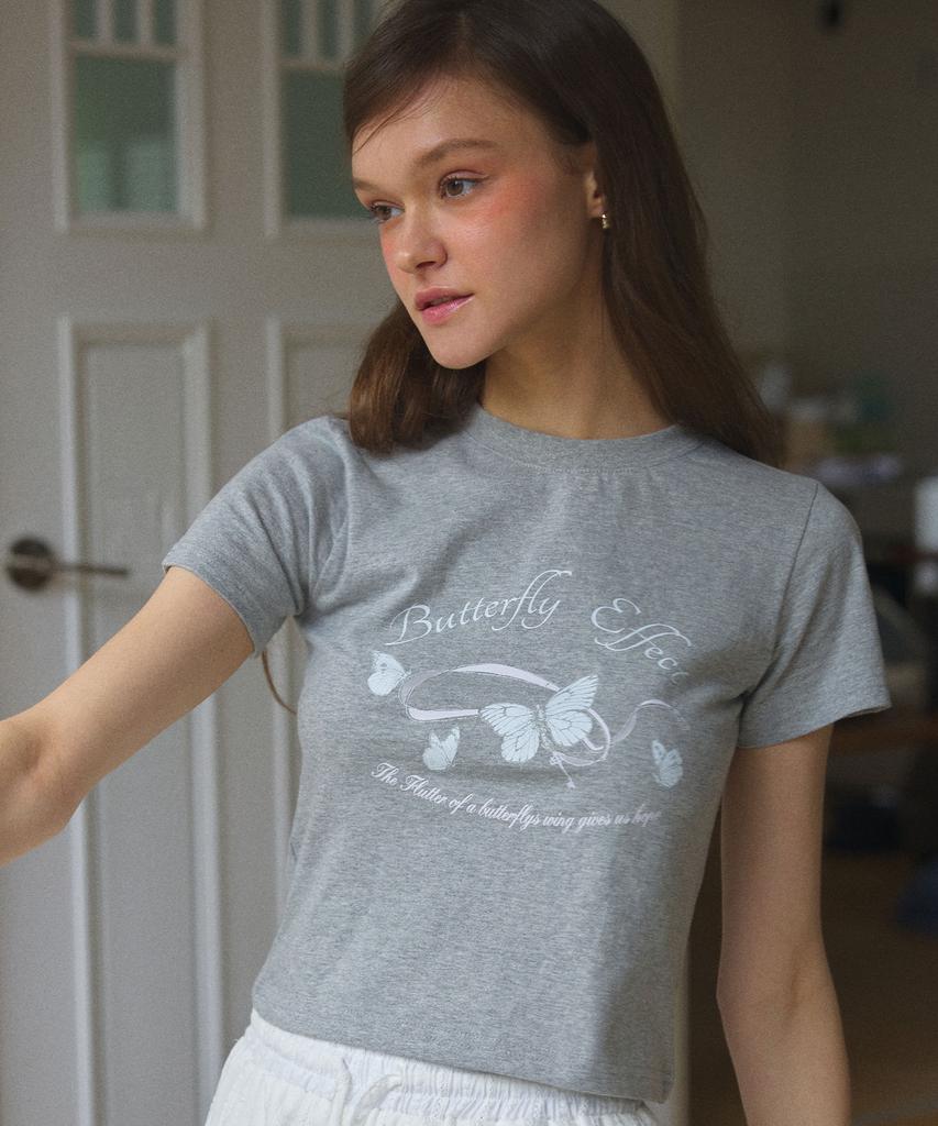 LETTER FROM MOON Butterfly Ribbon Crop T-Shirt (Melange Grey)