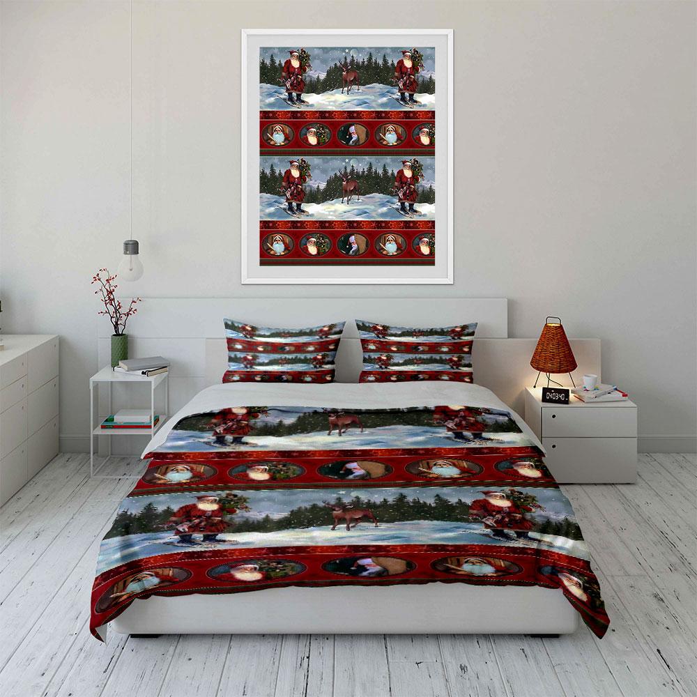 Christmas Santa and Reindeer Scene Bedding Duvet Cover Set (1*Duvet Cover 2*Pillowcases, without duvet insert)