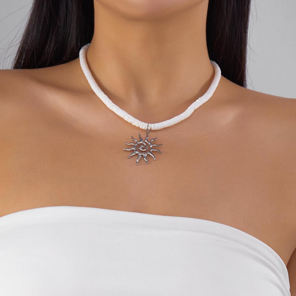 Bohemian Colorful Stone Beaded Necklace with Retro Sun Pendant Choker