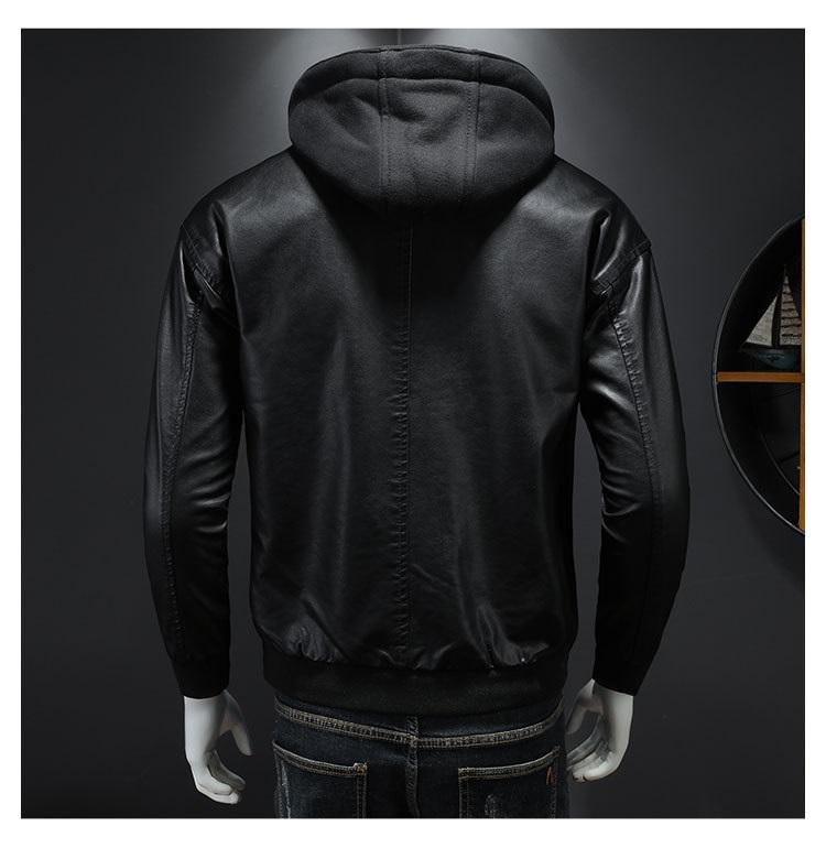 Herren-Lederjacke und neue lässige Kapuzenjacke. Hübsche Motorradjacke mit baumwollverdicktem Herrenmantel
