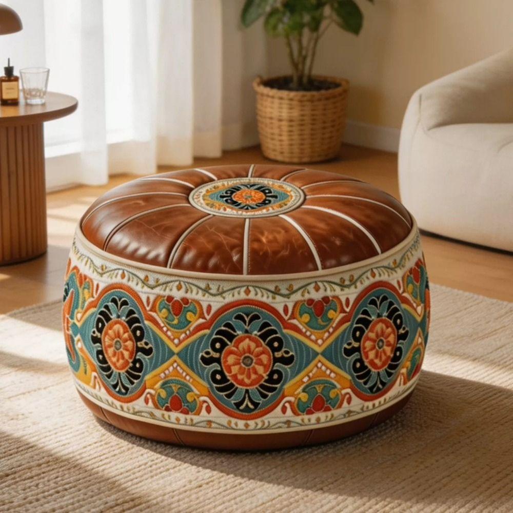 Fillable Round Ottoman Stool Vintage Style Storage Ottoman Pouf Footstool Cover Entryway Seating