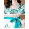 Floral Print V-neckline Dress In Silk with Short Sleeves and Waist Belt