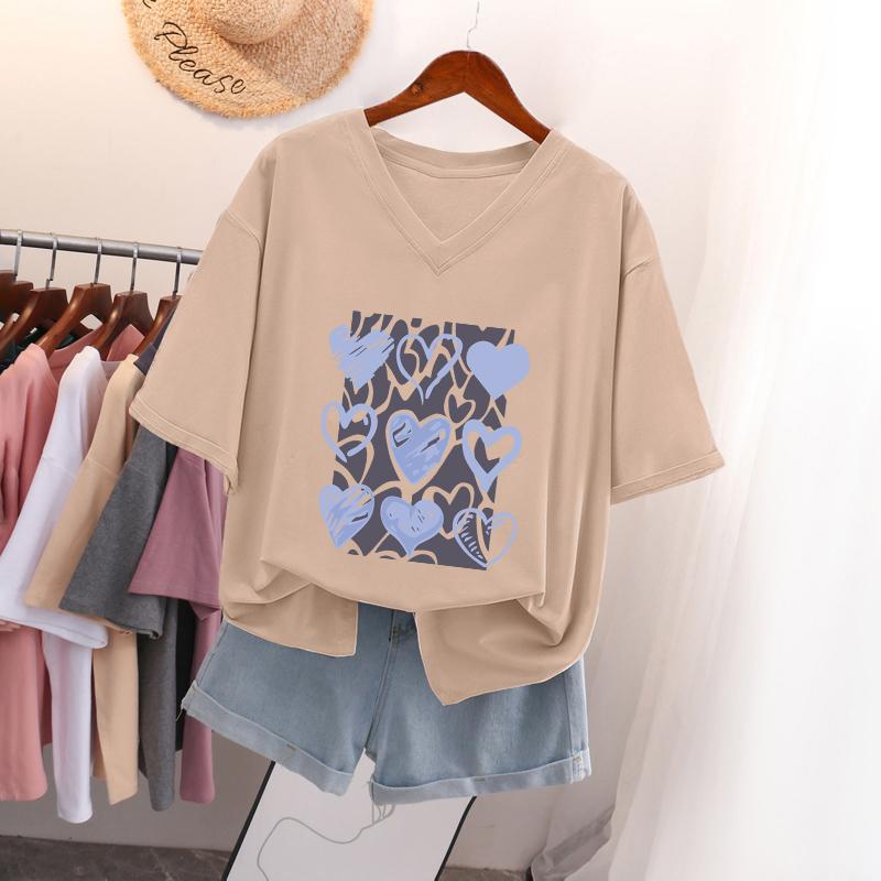 

Женская футболка с коротким рукавом, большого размера, свободная и стройнящая, топ с V-образным вырезом с принтом 5XL абрикосовый