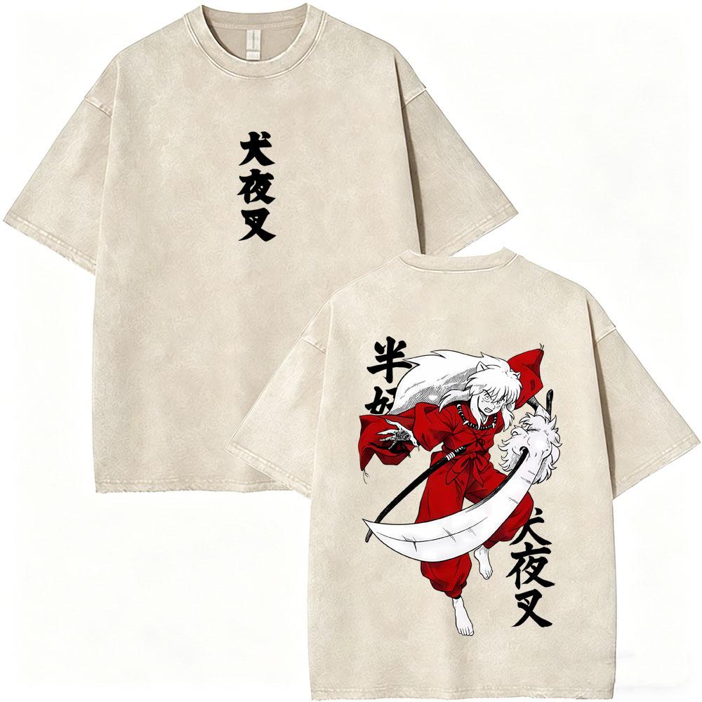 T-shirt Vintage Lavata Anime Inuyasha Sesshomaru Merch Uomo Donna Casual Oversize T-shirt Uomo Divertenti Cartoni Animati Harajuku T-shirt