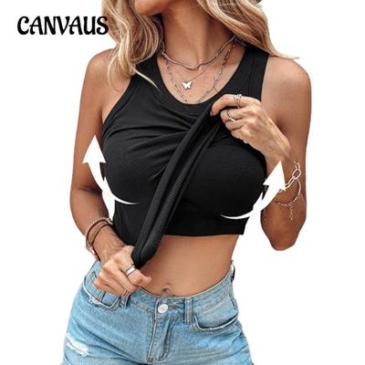Damen Tank Top mit BH, Rundhalsausschnitt, einfarbig, Gefühl des Bodens, Inside-Out-Tops