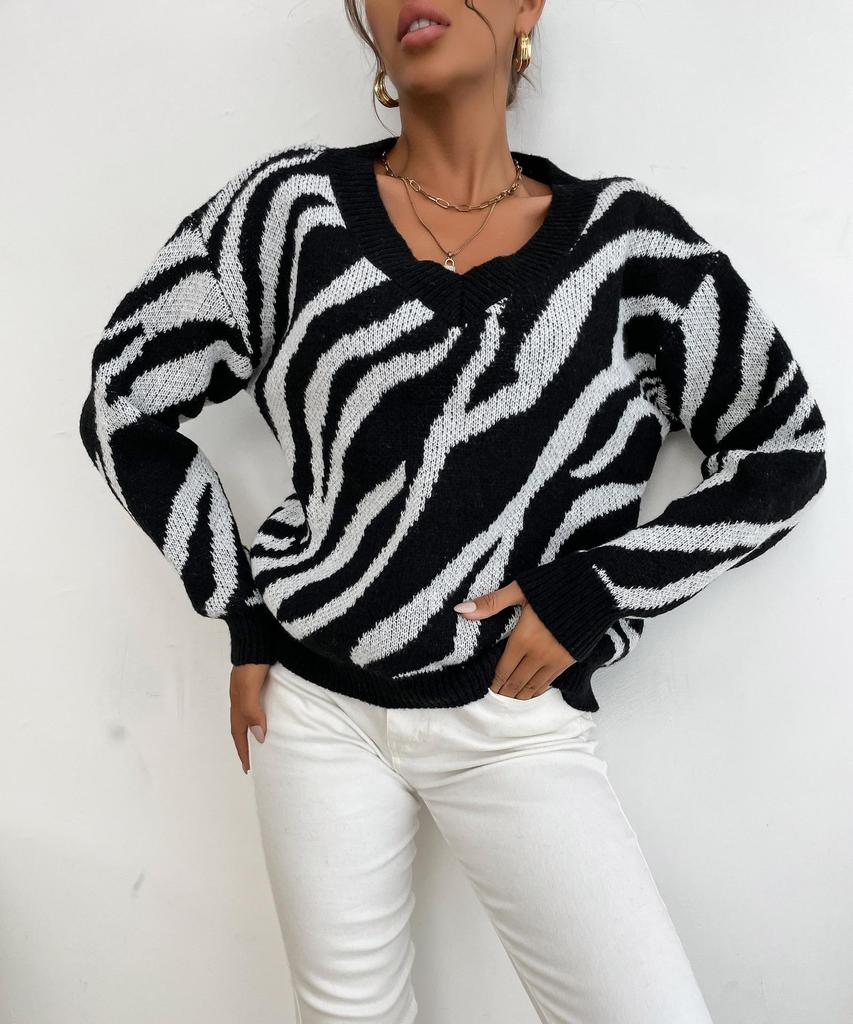 Women's Autumn/Winter 2025 Zebra Print Thick Knit Pullover Sweater - European & American Fashion