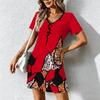 Mode d'été pour femmes Robe à col en V à manches courtes avec imprimé géométrique rétro Jupe courte sexy Robes