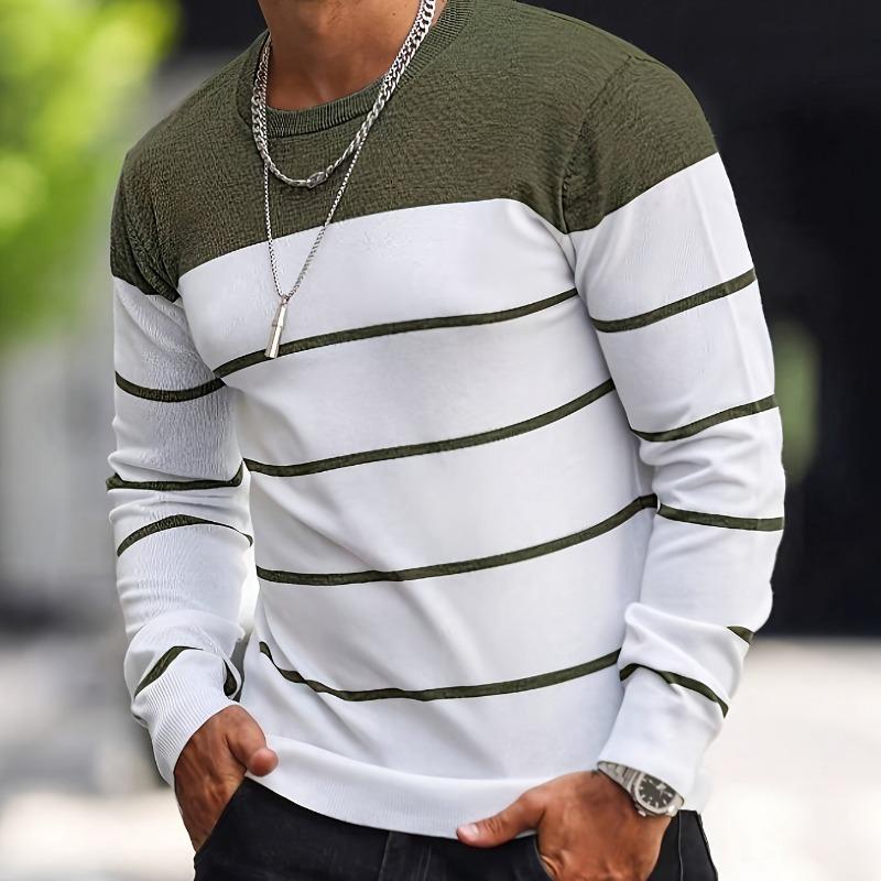 Men's Black Yoke White Stripe Knit Sweater Daily Casual Long Sleeve Pullover