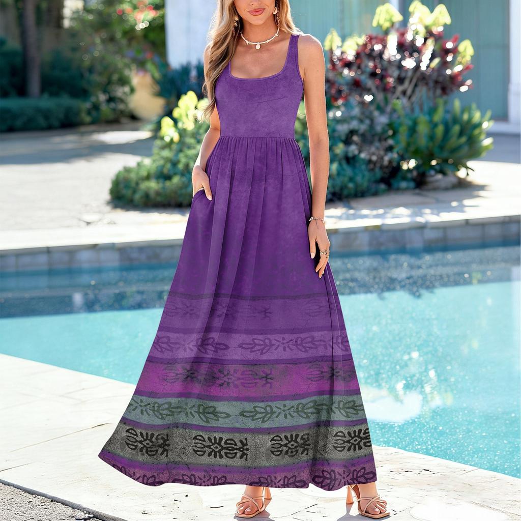 Ladies' floral print summer casual and fashionable sleeveless long dress