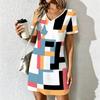 Mode d'été pour femmes Robe à col en V à manches courtes avec imprimé géométrique rétro Jupe courte sexy Robes