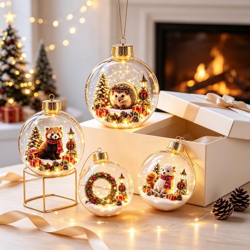 Acrylic Christmas Ornament With Animal Design - Hedgehog Penguin Panda Lamb Light-Up Hanging Decor Tree Home Festive Display