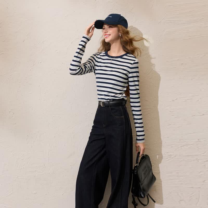 Women's Striped Long Sleeve Round Neck Slim Fit T-Shirt