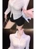 V-Neck Slim Fit Bodycon White Shirt for Women - Sexy Waist-Cinching Top with Chic Chest Design, Perfect for Autumn/Spring.