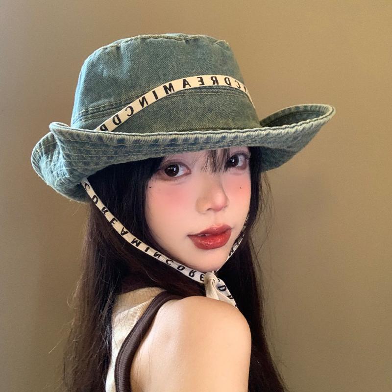 Outdoor Buchstabenband Denim Fischerhut Kinder Sommer große Krempe Sonnenschutz Bucket Hat Sonnenschutz Bergsteigerhut