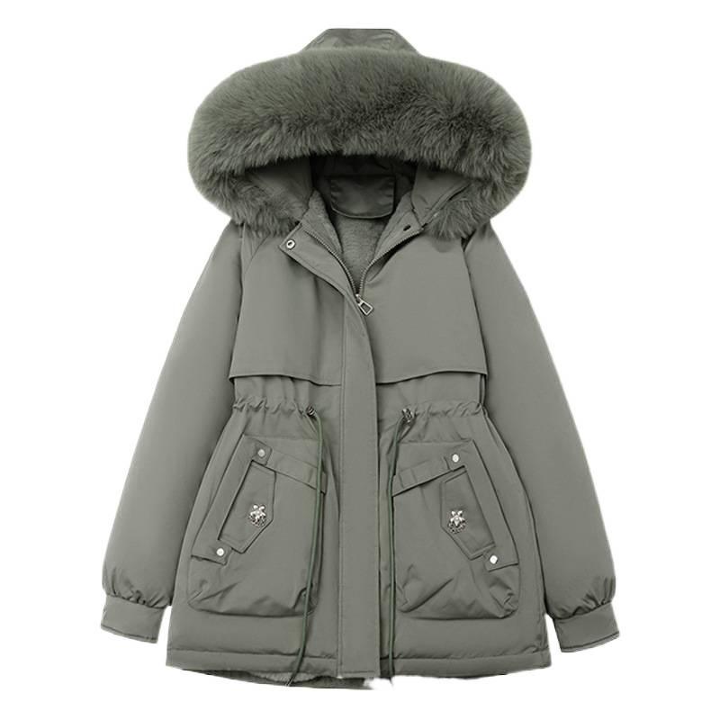 Ladies Winter Hooded Shearling Parka Down Jacket Mid-Length