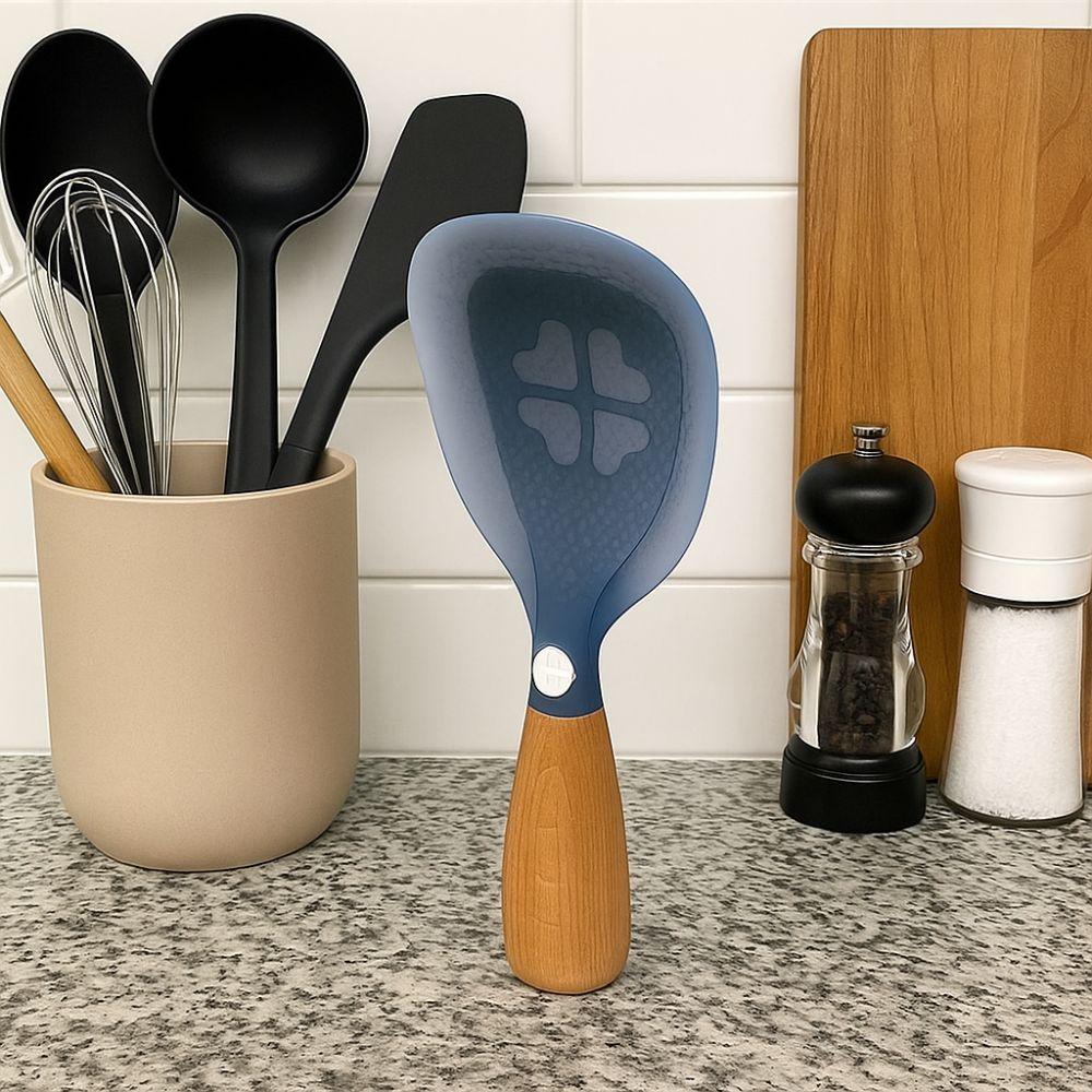 Wooden Handle Silicone Rice Spoon Non-stick Heat-resistant Spoon Standing Cooking Spoon  Home