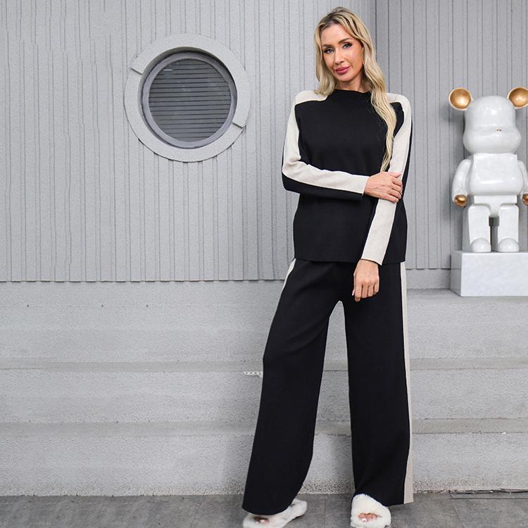 Conjunto de dos piezas de suéter de punto casual para mujer de otoño invierno, tops de manga larga tipo jersey y pantalón de pierna ancha, chándal