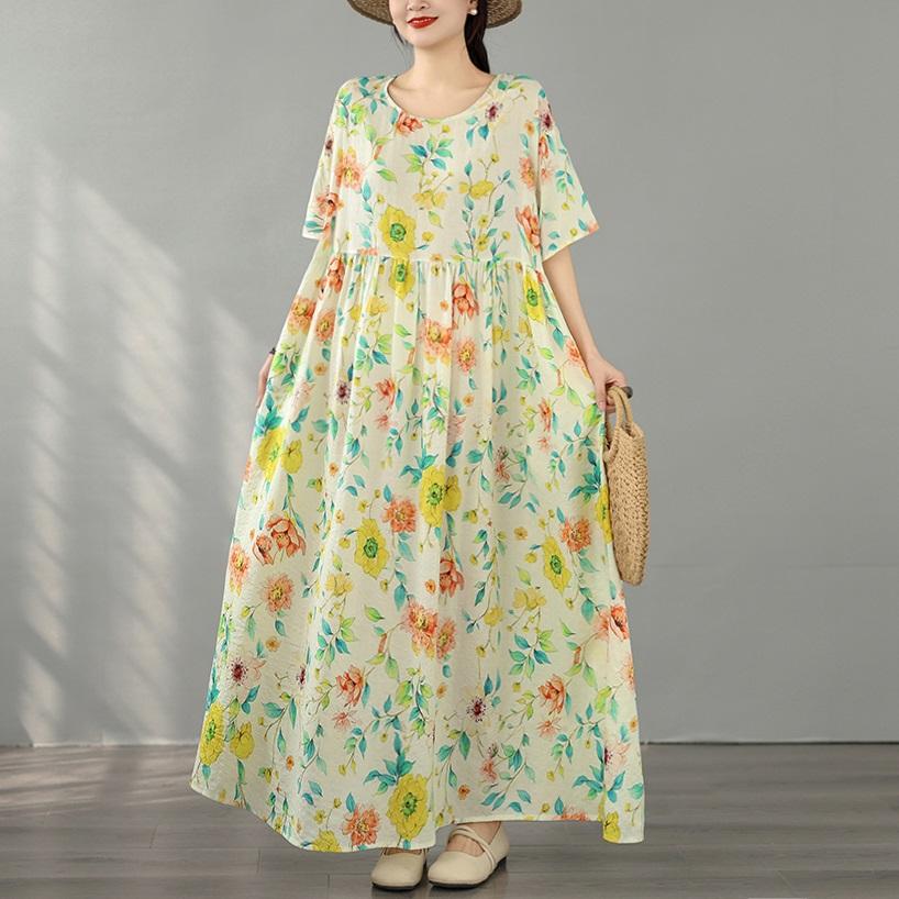 Short Sleeve Plus Size Cotton Vintage Floral New In Dresses for Women Casual Loose Long Summer Dress