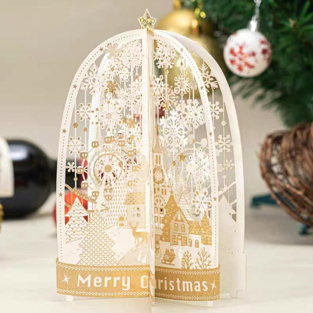 Paper Christmas 3D Greeting Card Gold Plated Craft Merry Christmas Blessing Cards with Envelope Ornaments Paper Carving Postcard