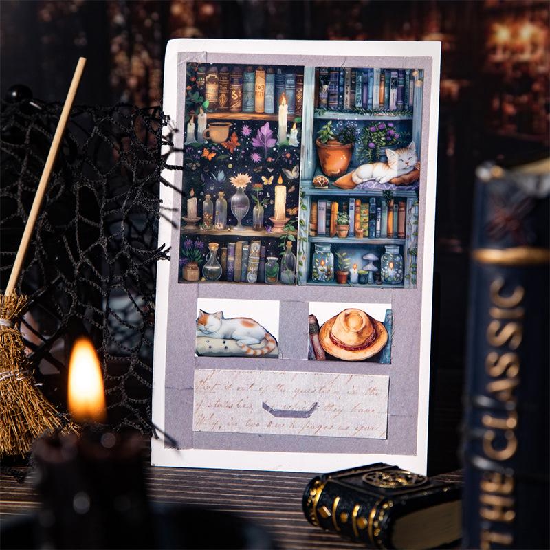 Dark Magic Bookcase Pet Tape Set With Clip, Waterproof Gothic Scrapbook Sticker Rolls