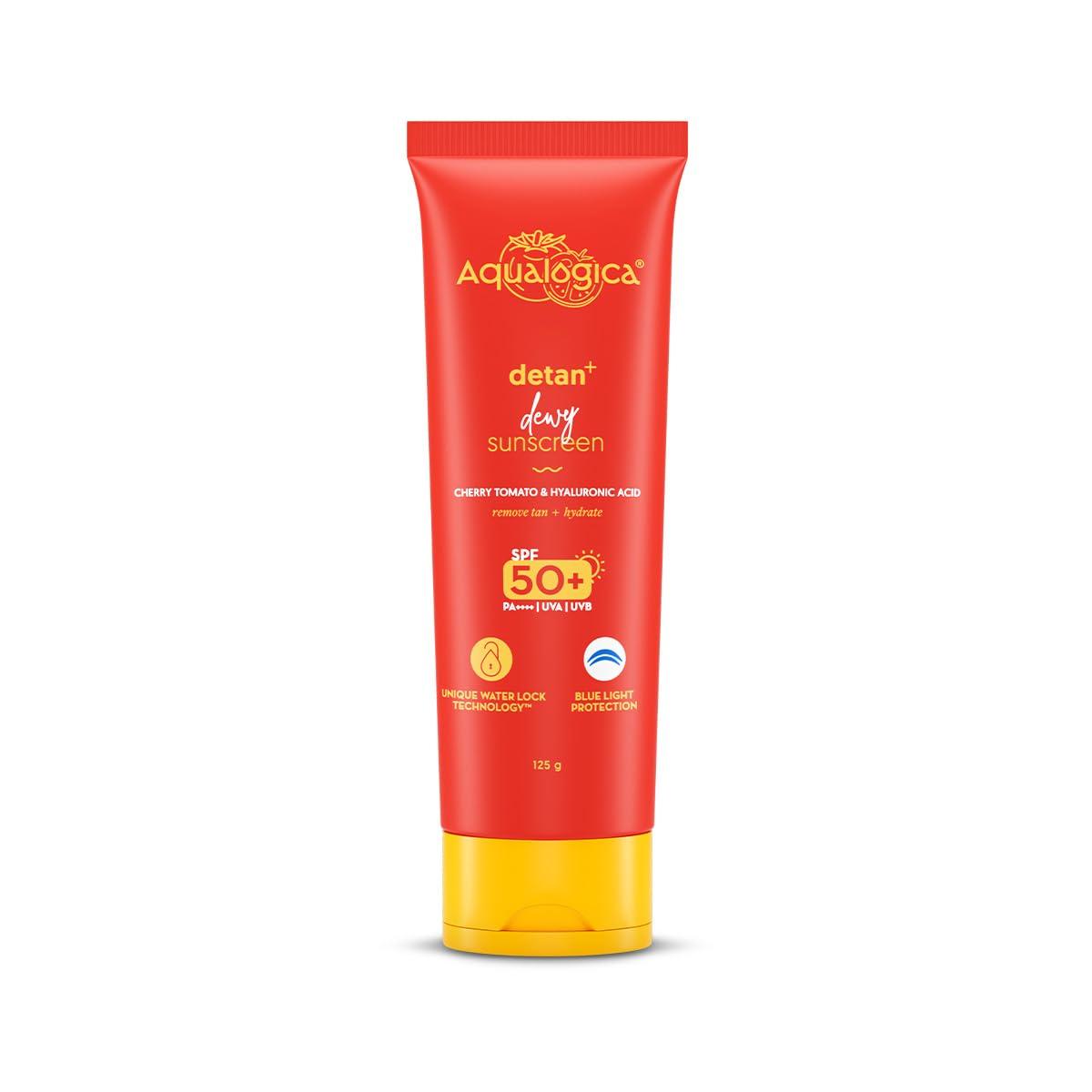 Aqualogica Detan+ Dewy Sunscreen Gel SPF 50+ PA++++ Lightweight No White Cast For All Skin Types 125 g Blue Light
