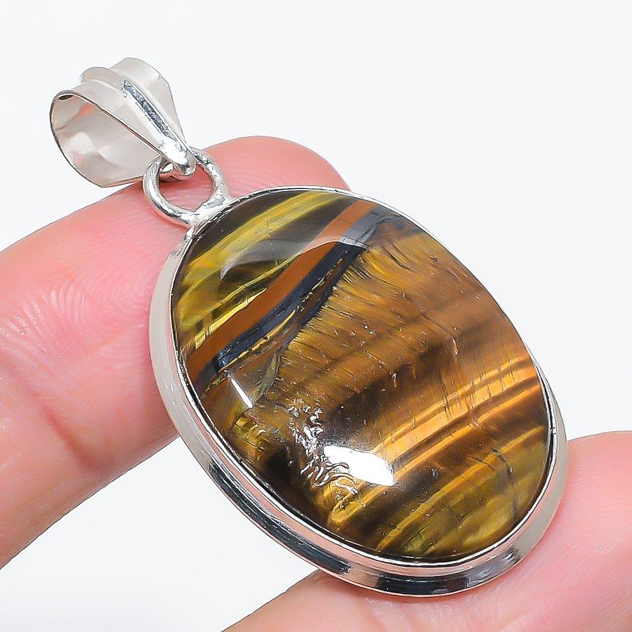 Natural Tiger Eye Gemstone 925 Sterling Silver Jewelry Pendant 1.93" N2r85