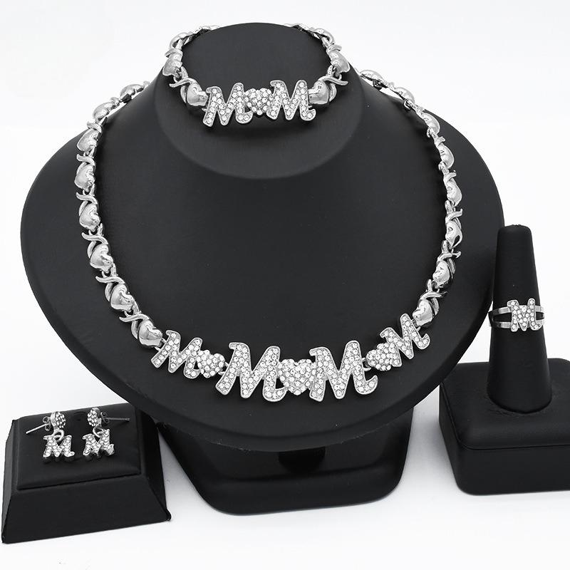 2026 Dubai 24K Heart Full Diamond Jewelry Set African Wedding Necklace Ring Earrings Bracelet Four-piece Set