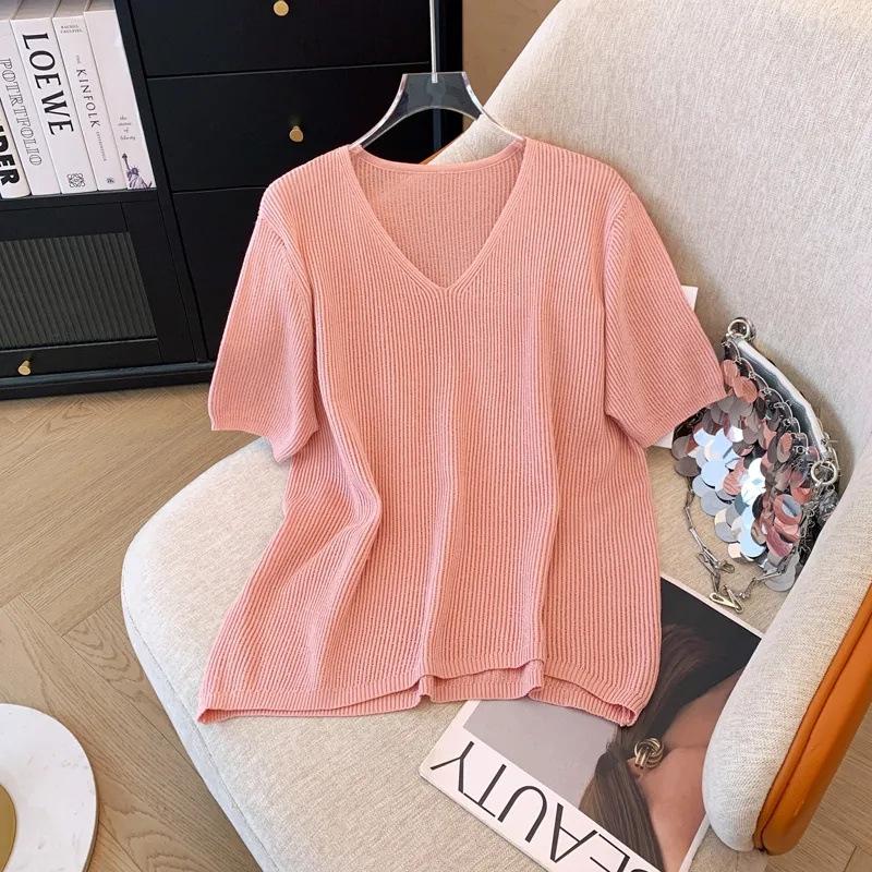 

Women s Ice Silk Knitted Sweater V-neck Short Sleeved Plus Size Summer Loose Top S розовый