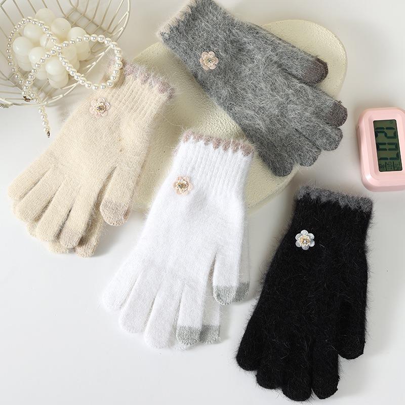 Finger gloves winter women's new thickened warm solid color cute student cycling cold-proof wool gloves women