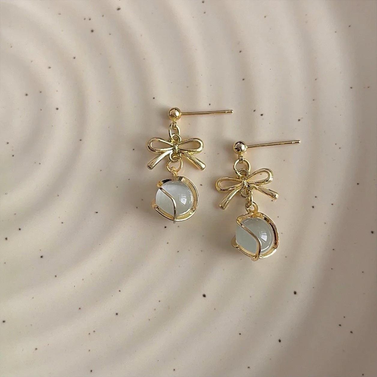 Niche Sweet Bow Opal Drop Earrings Women French Simple Light Luxury High End Daily Dating Decor Jewelry
