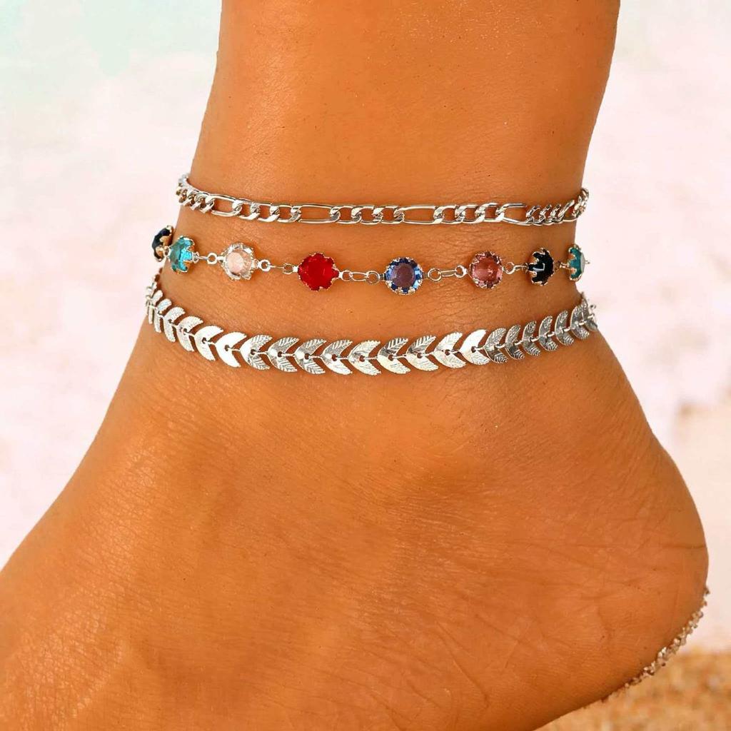 3pcs Set Simple Gold Color Evil Eye Anklets Set for Women Colorful Heart-crystal Chain Multi Layer Anklet Bohemian Beach Jewelry