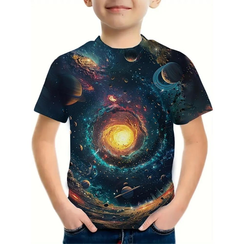 Children's clothing, boys' breathable and suitable T-shirt, 3D printed space pattern short sleeved shirt, boys' summer fashion, cool round neck top