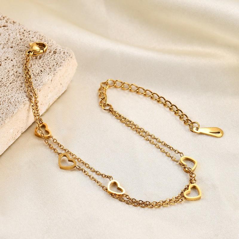Stainless Steel Layered Adjustable Heart Charm Bracelet Women Gold Plated Minimalist Fashion Jewelry