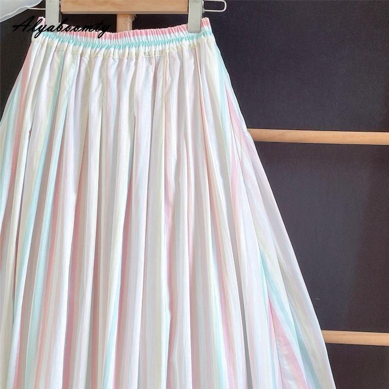 Spring Summer Women Rainbow Feminine Skirt Elastic Waist Pastel Striped Contrast Color Midi Skirt Cotton Soft Stylish Skirts Womens