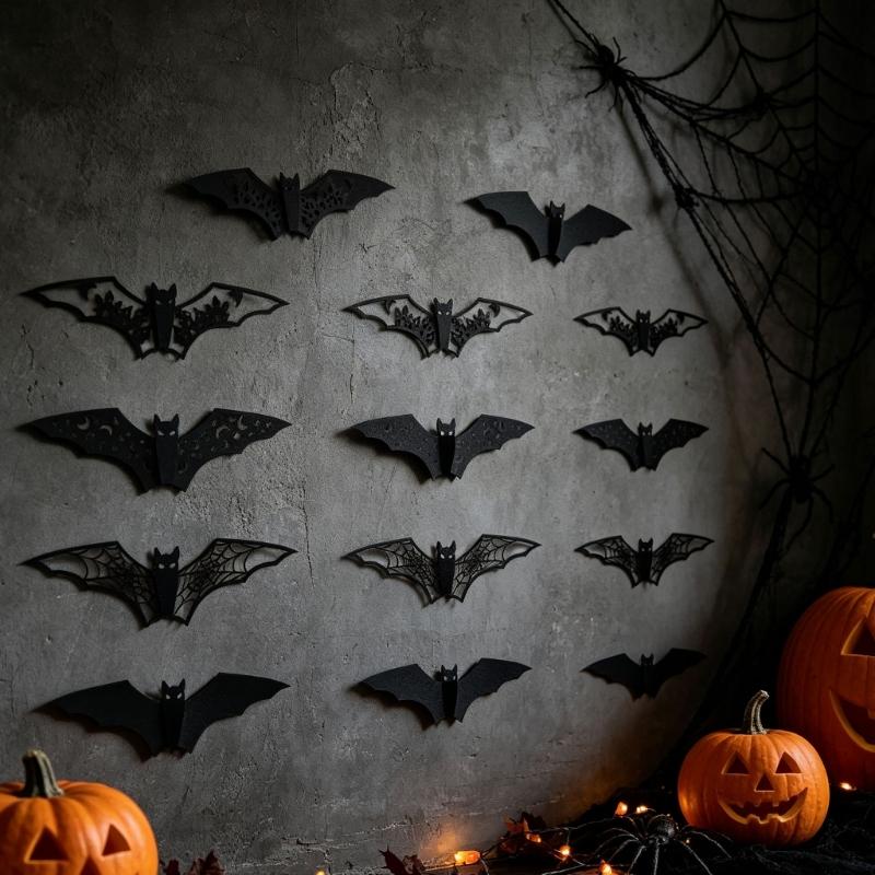 3D Hollow Paper Bats Halloween Decorations Realistic Scary Bat Stickers , 96 Individual Bats To Arrange for Indoor Party Backdrops, Store Displays,