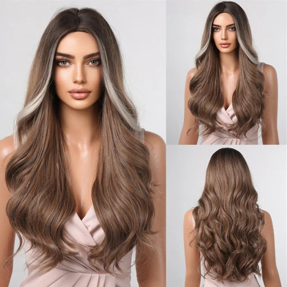 ALAN EATON Brown Synthetic Wig with Purple Highlights Colored Cosplay Party Hair Long Wavy Wigs with Bangs Heat Resistant Fiber