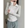 Kumikumi New Arrival Graceful Gray Polo Collar Long Sleeves T-shirt Women Autumn All-Matching Slim Fit Slim Bottoming Top