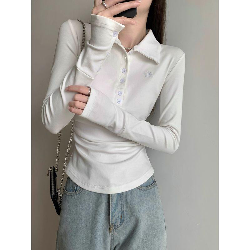 Kumikumi New Arrival Graceful Gray Polo Collar Long Sleeves T-shirt Women Autumn All-Matching Slim Fit Slim Bottoming Top