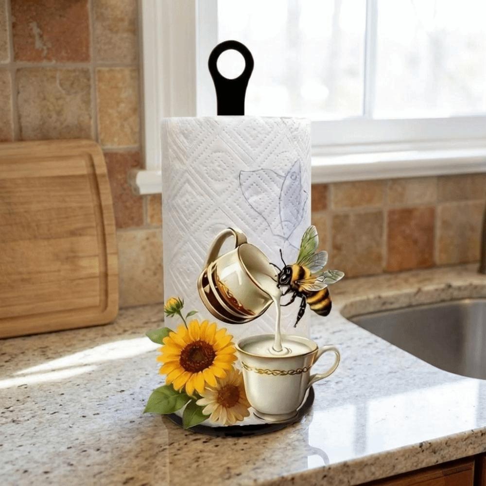 2D Flat Acrylic Roll Paper Towel Holder Sunflower Floral Wooden Base Vertical Napkins Rack Decorative Freestanding