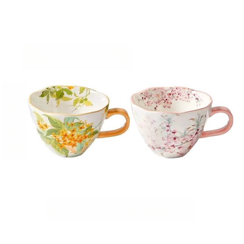 Ceramic Coffee Mug, Premium 350ml Bone China Coffee Tea Hug Mug, Floral Designed Teacup, Breakfast Cup