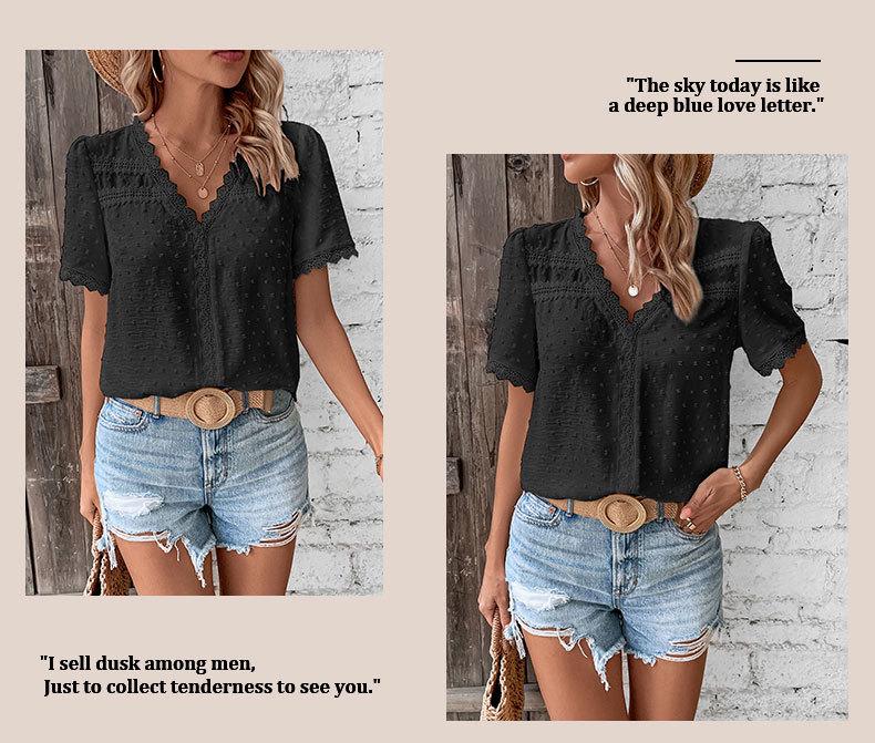 Summer Casual European & American Lace V-Neck Solid Color Women's Shirt