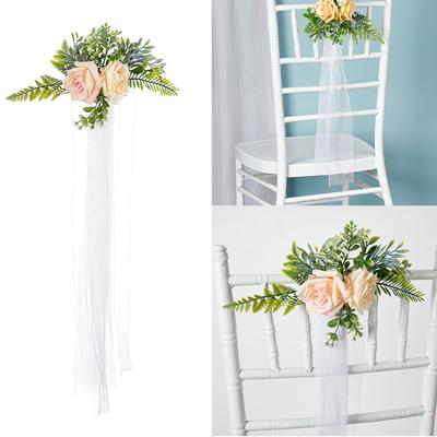 Wedding Aisle Decorations Chair Back Flower Decorations Artificial Flower with Long Ribbon for Ceremony Wedding Party