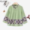 ZANZEA Women Ethnic Print Casual Round Neck Loose Long Sleeve Cardigan Blouse