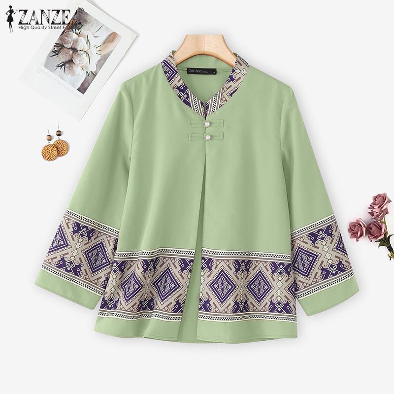 ZANZEA Women Ethnic Print Casual Round Neck Loose Long Sleeve Cardigan Blouse