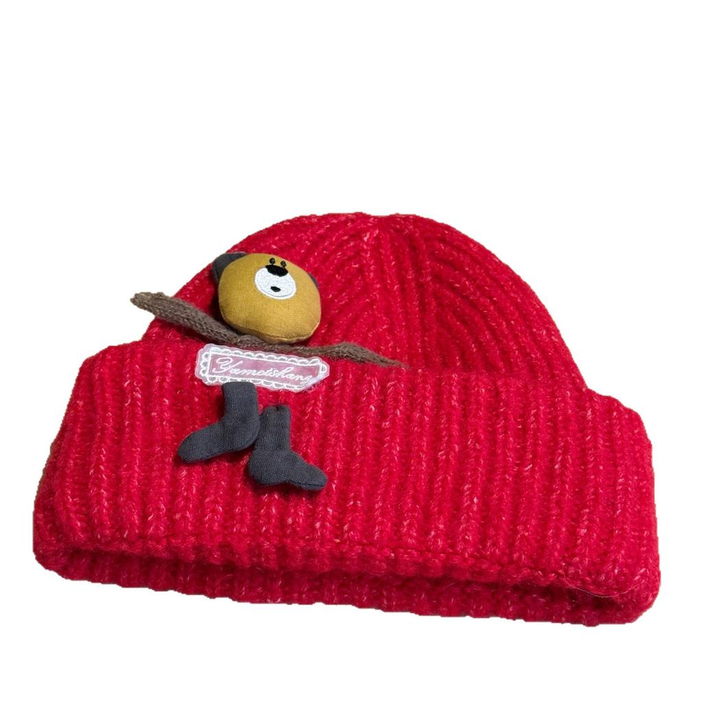 New Knitted Hat Female Cartoon Bear Winter Casual Warm Thickened Cute Ear Protection Hat Versatile Baotou Hat Trend